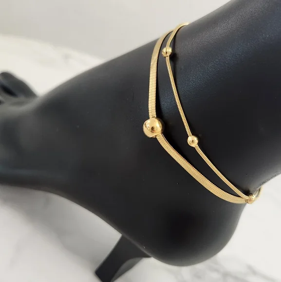 Double Layer Gold Plated Round Beads Blade Anklet - Picture 6 of 13